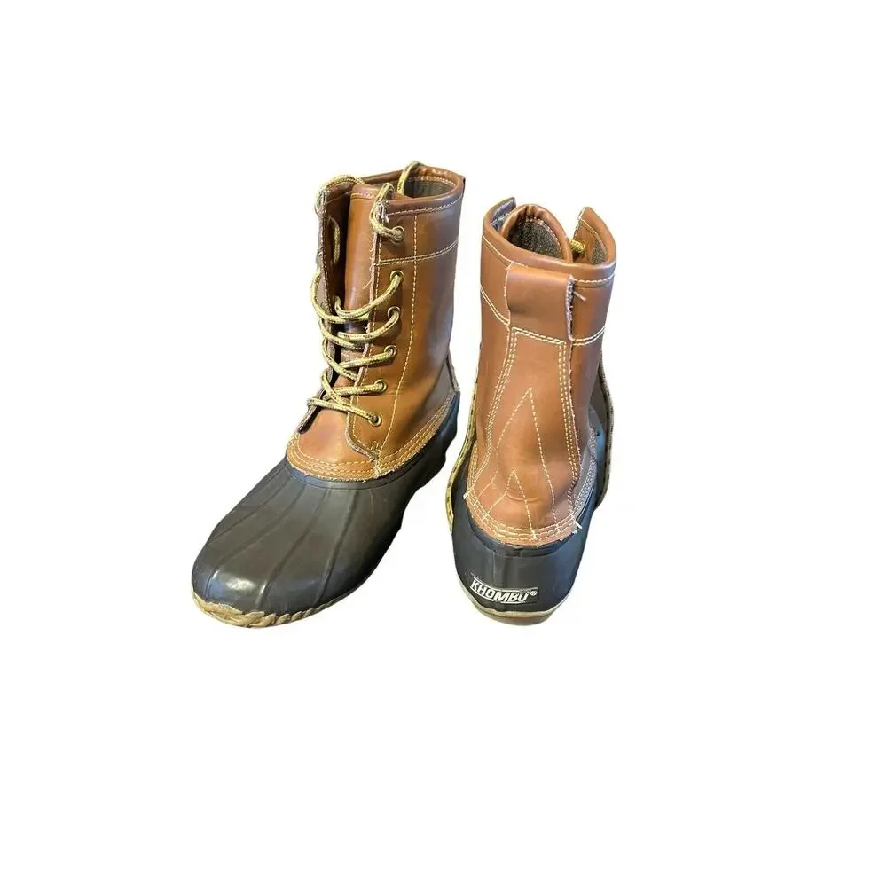Khombu women Brown Waterproof Mid Calf Boot Leather Duck sz 8 M cozy winter